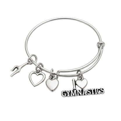 Silver expandable gymnastics bangle bracelet with heart and gymnast charms for girls and teens