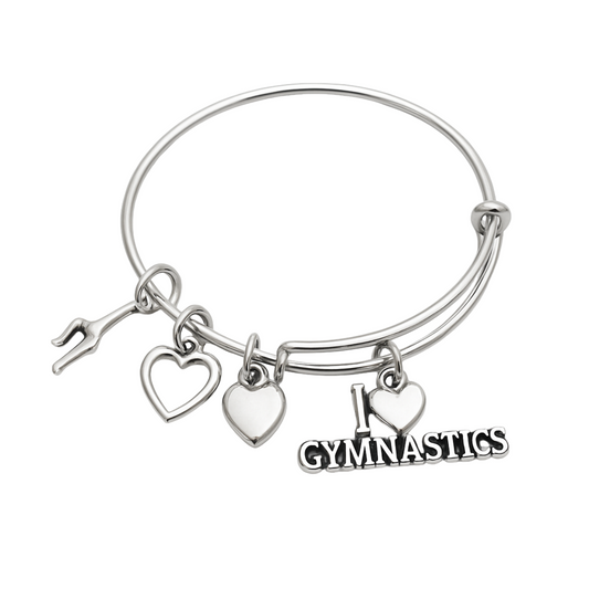 Silver expandable gymnastics bangle bracelet with heart and gymnast charms for girls and teens