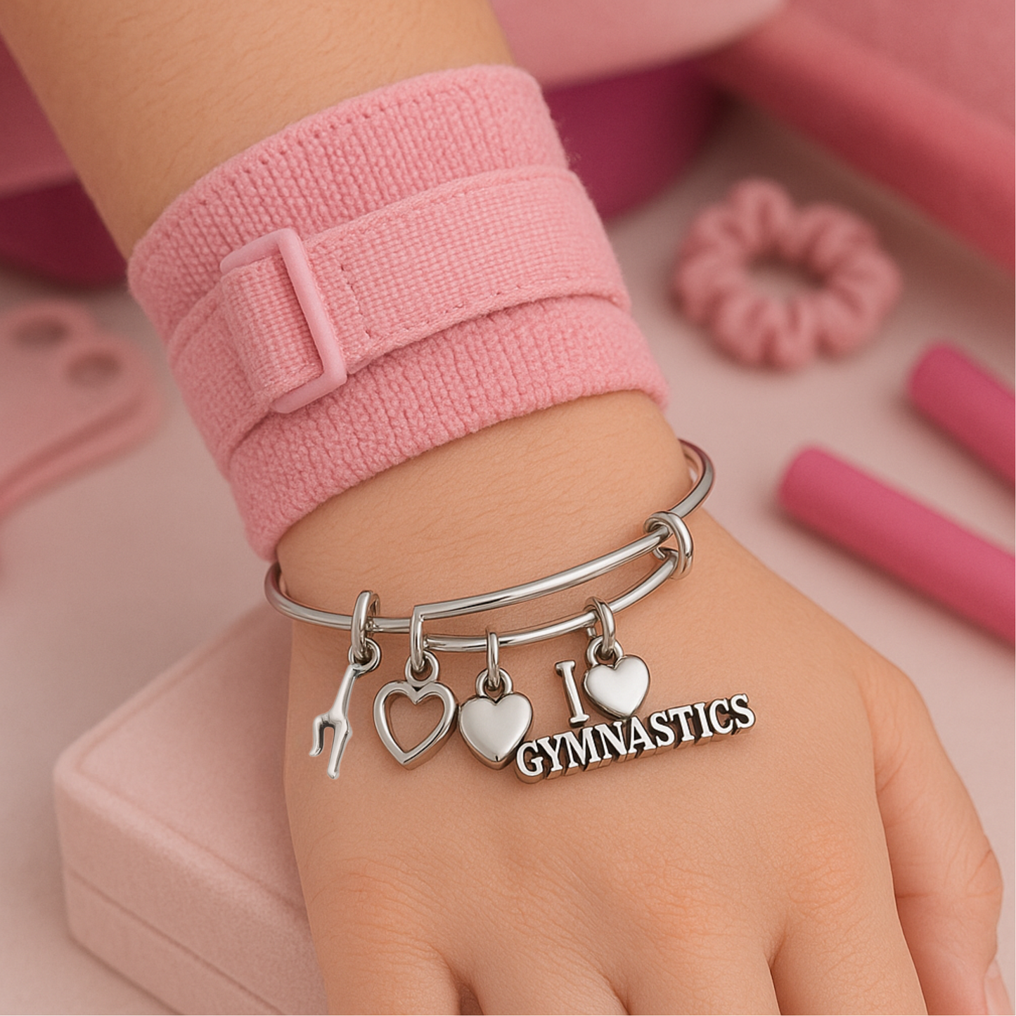 Gymnastics bangle bracelet displayed on pink surface with ribbons, perfect gift for girls
