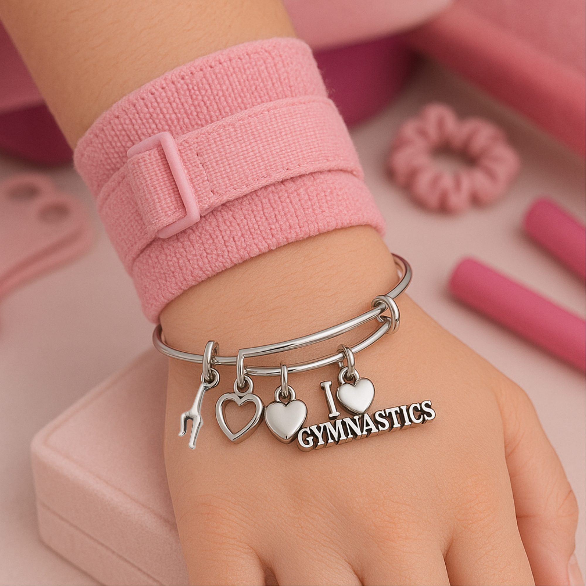Gymnastics bangle bracelet displayed on pink surface with ribbons, perfect gift for girls
