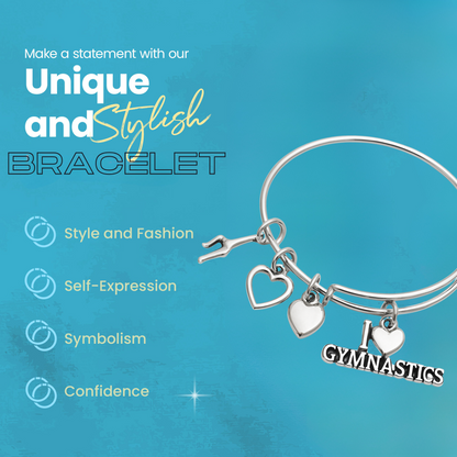 Expandable wire gymnastics bracelet with charm details and features listed for gift-giving