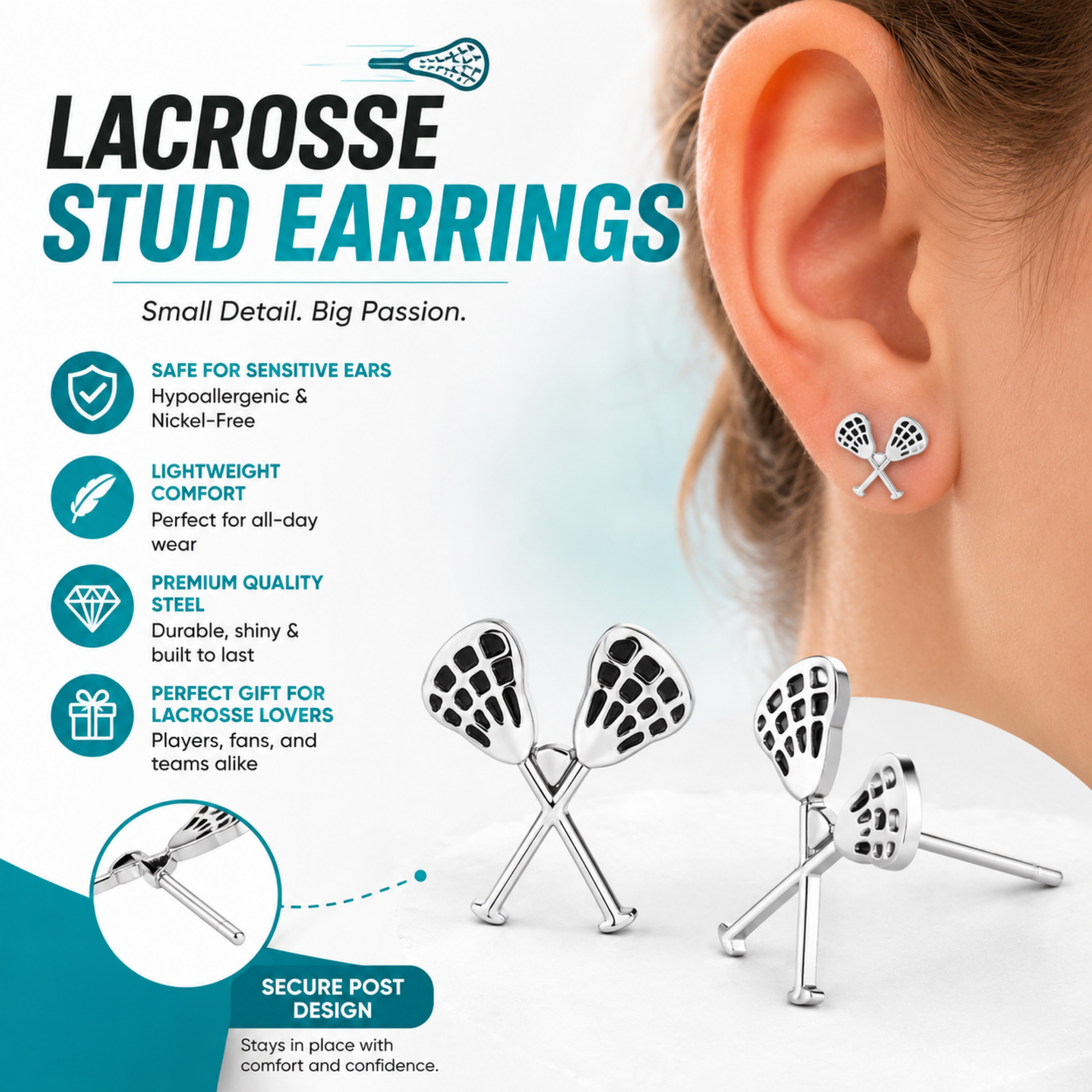 Girls Lacrosse Stick Stud Earrings