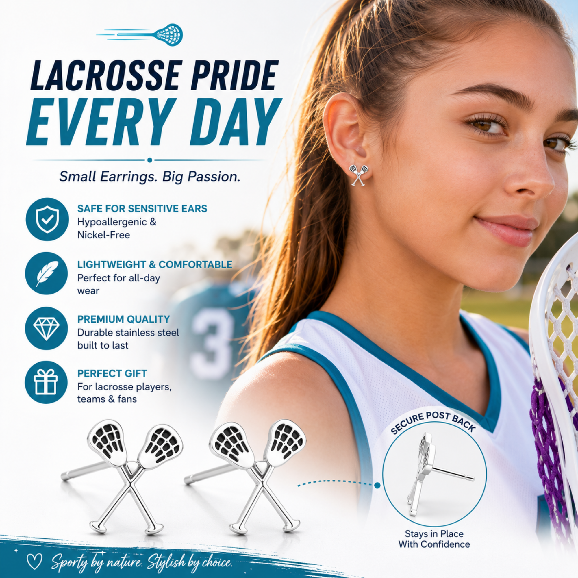 Girls Lacrosse Stick Stud Earrings