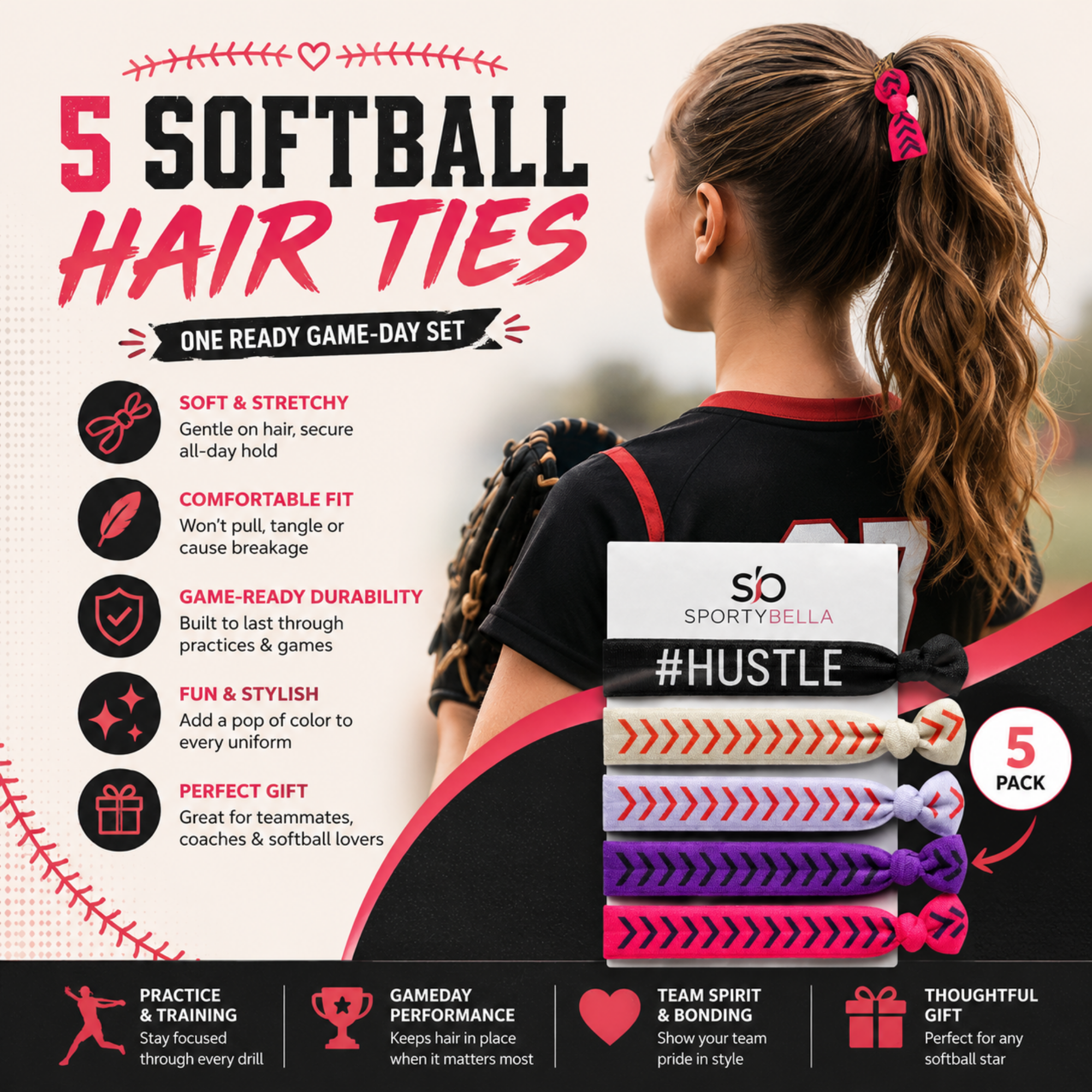 Girls Softball Hair Ties Set- Hustle