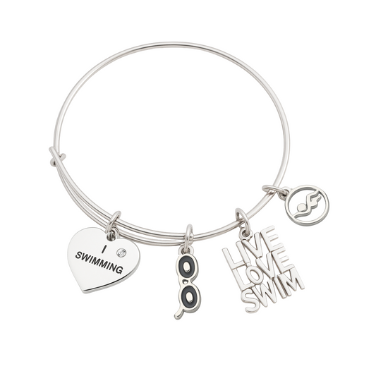 Silver-plated swim bangle bracelet with swimmer figure charm, 'Love Swim' charm, and inspirational word charm