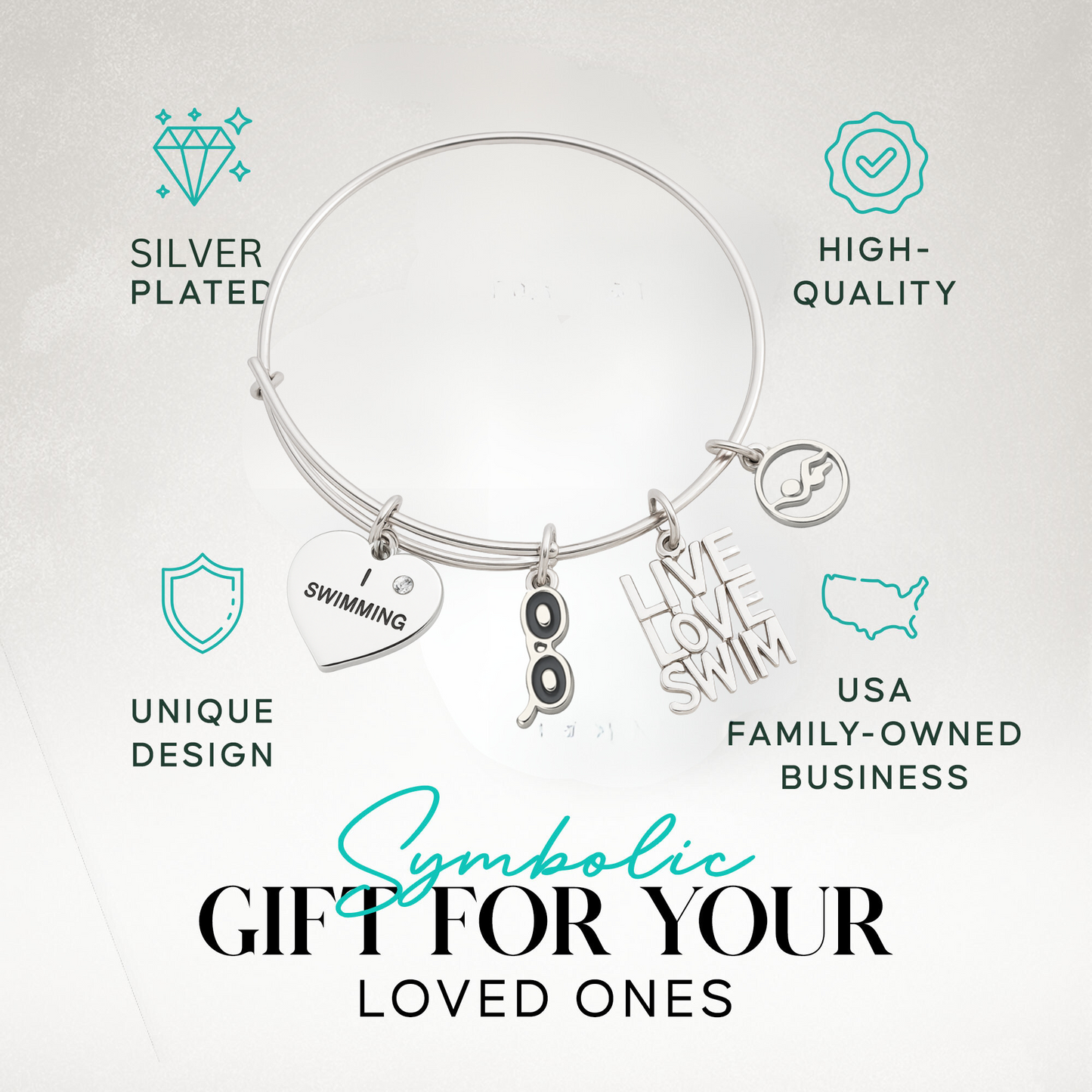 Swim charm bracelet packaged for gifting with inspirational and swimmer charms