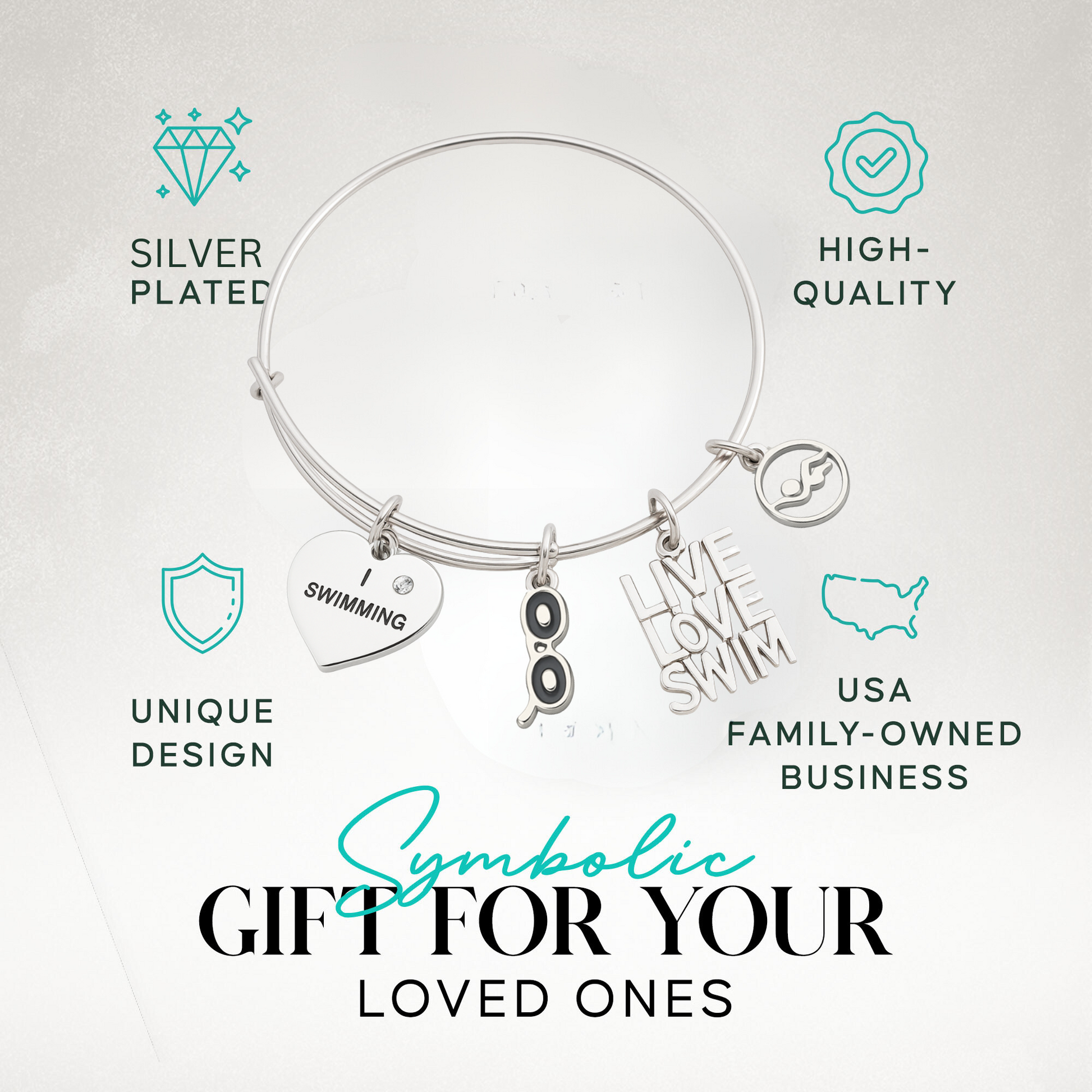 Swim charm bracelet packaged for gifting with inspirational and swimmer charms