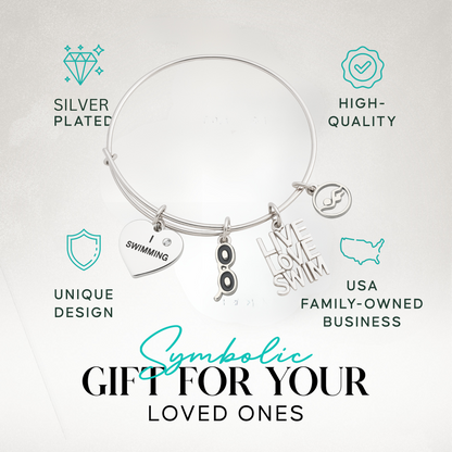 Swim charm bracelet packaged for gifting with inspirational and swimmer charms