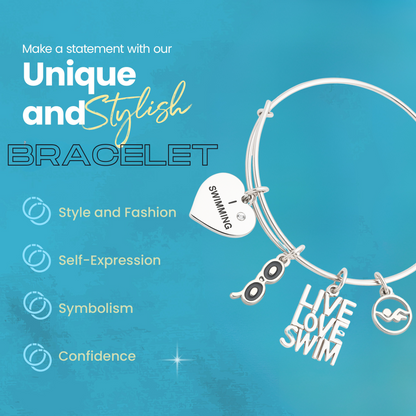 Girls swimming bangle bracelet with 'Love Swim' charm and swimmer pendant