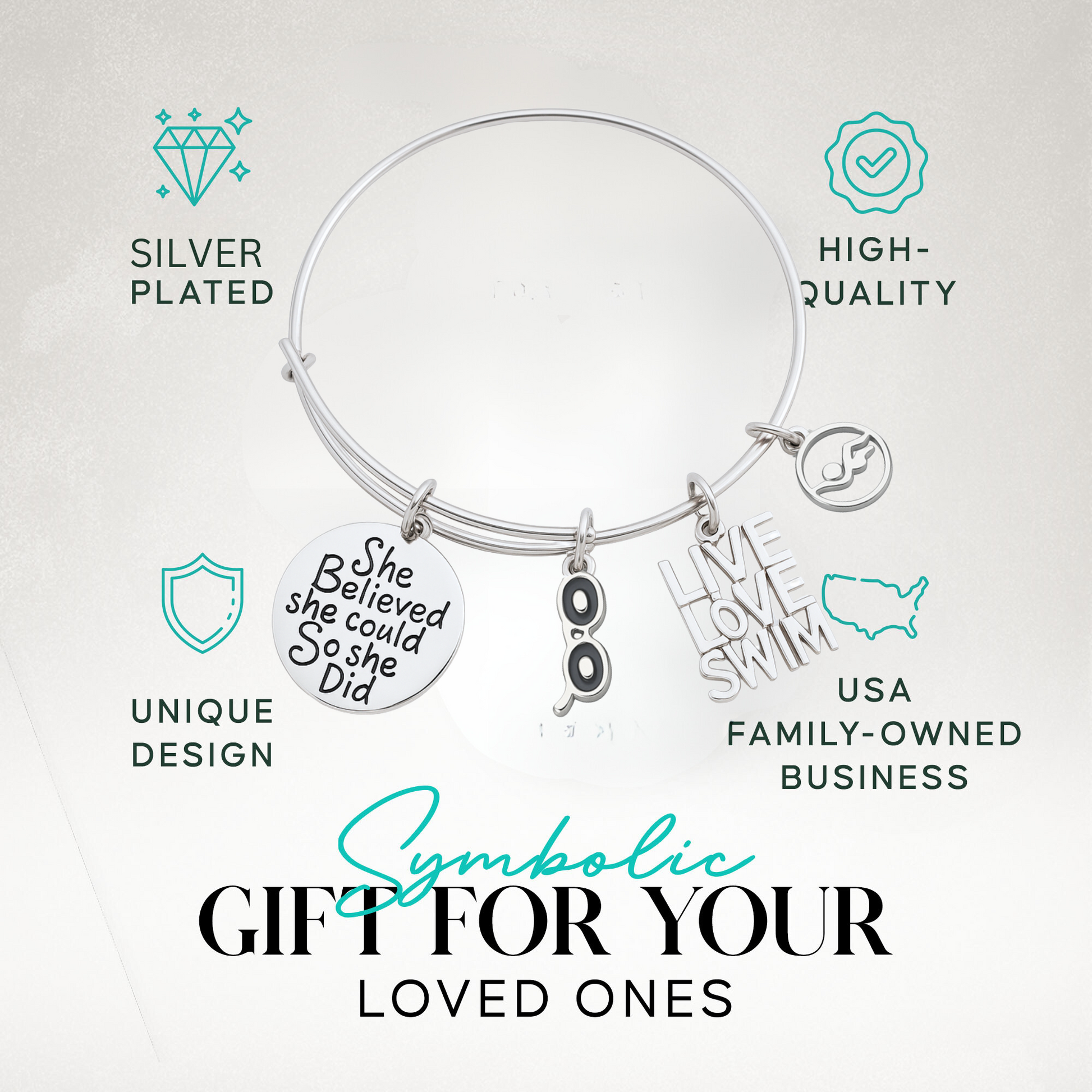 Girls swim charm bracelet with inspirational message packaged for gifting