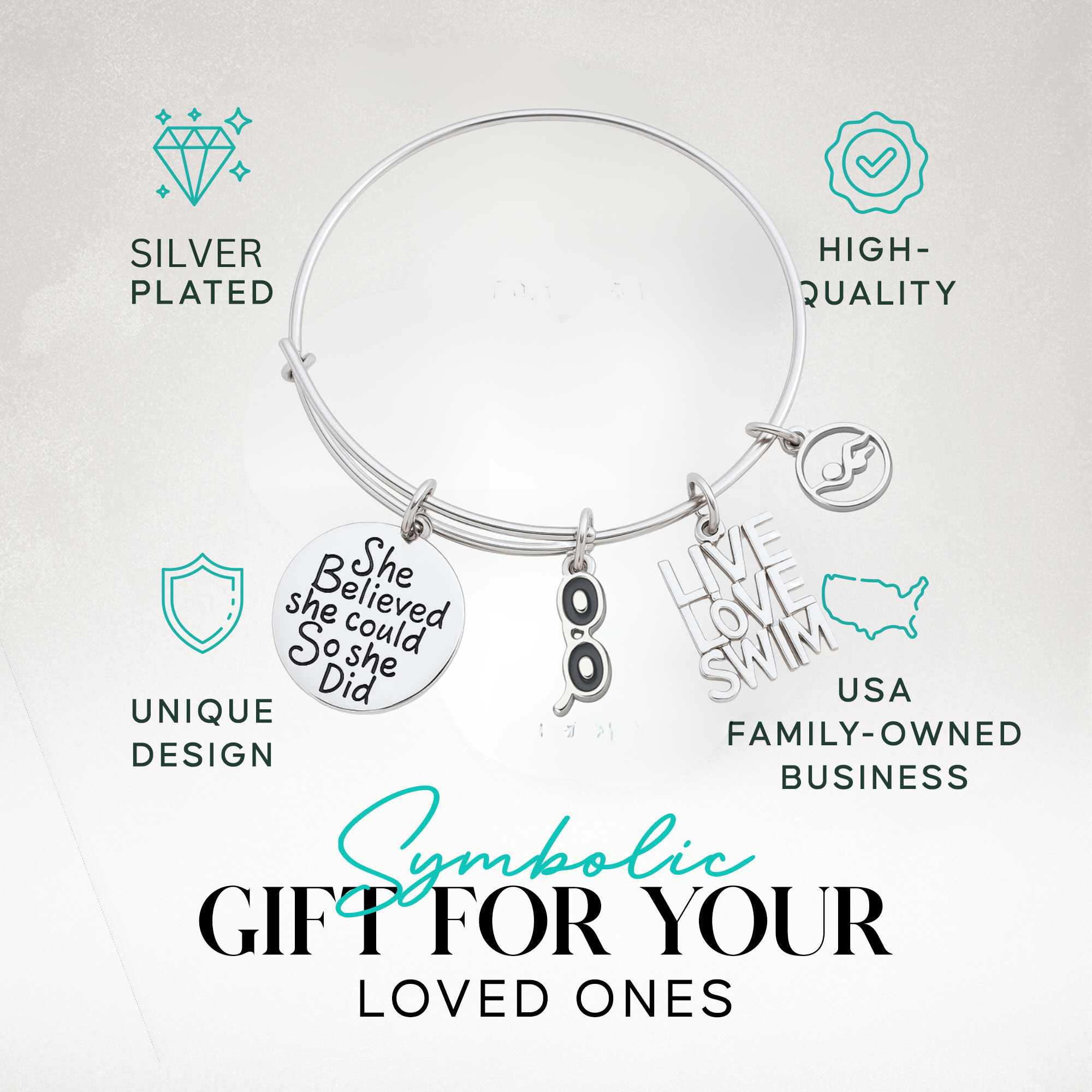 Girls swim charm bracelet with inspirational message packaged for gifting