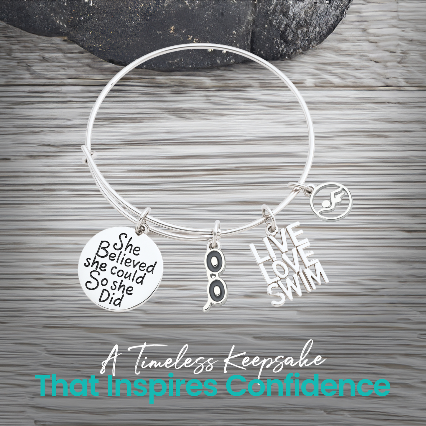 Adjustable stainless steel swimmer bracelet with motivational engraved charm for swim teams