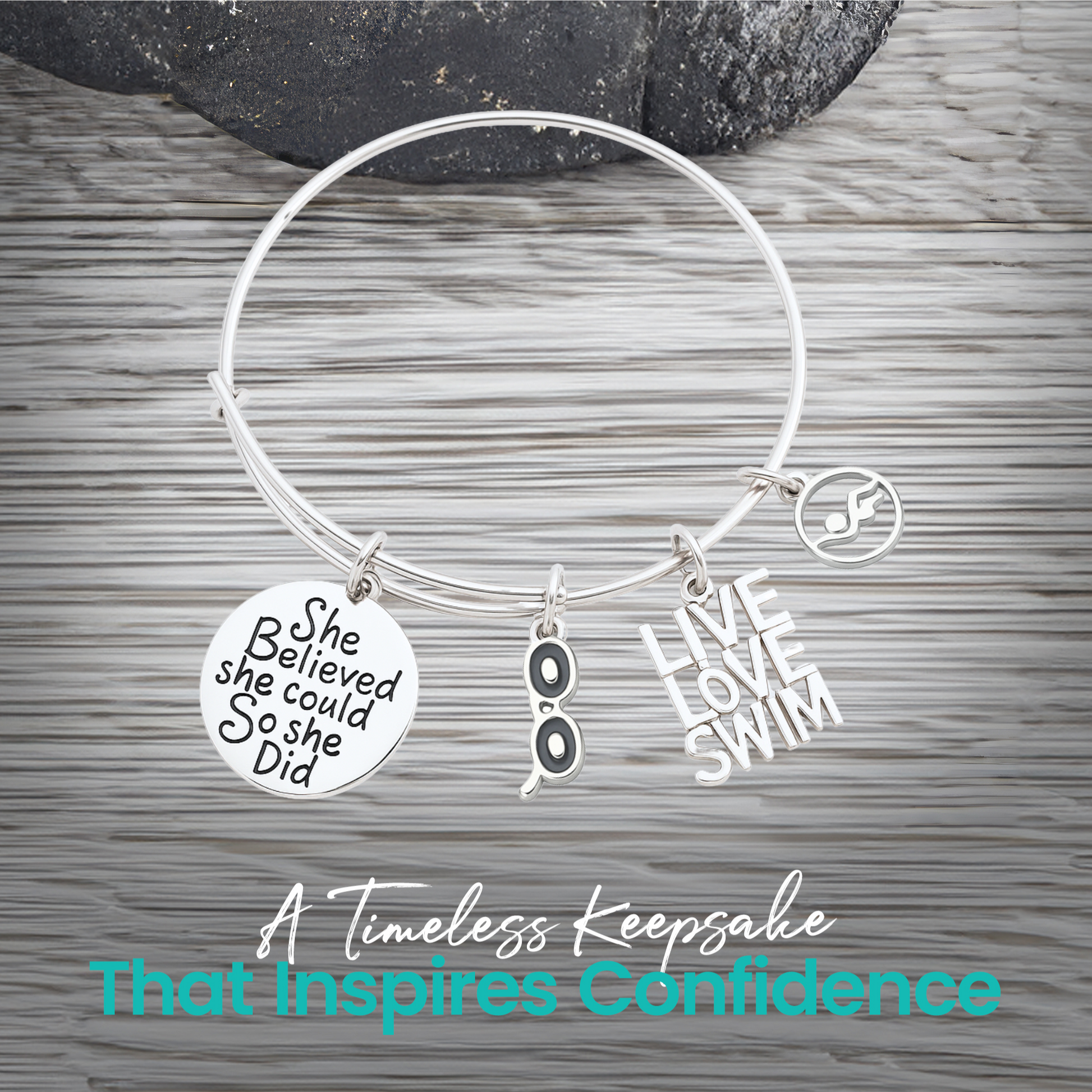 Adjustable stainless steel swimmer bracelet with motivational engraved charm for swim teams