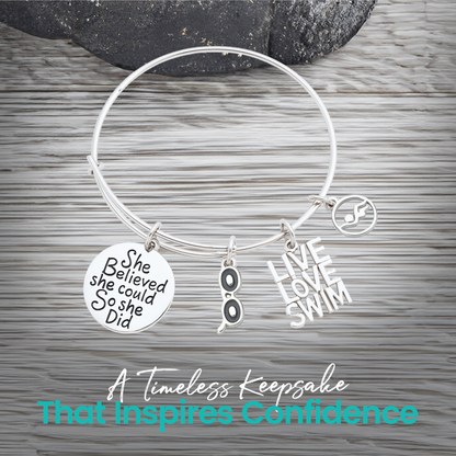 Adjustable stainless steel swimmer bracelet with motivational engraved charm for swim teams