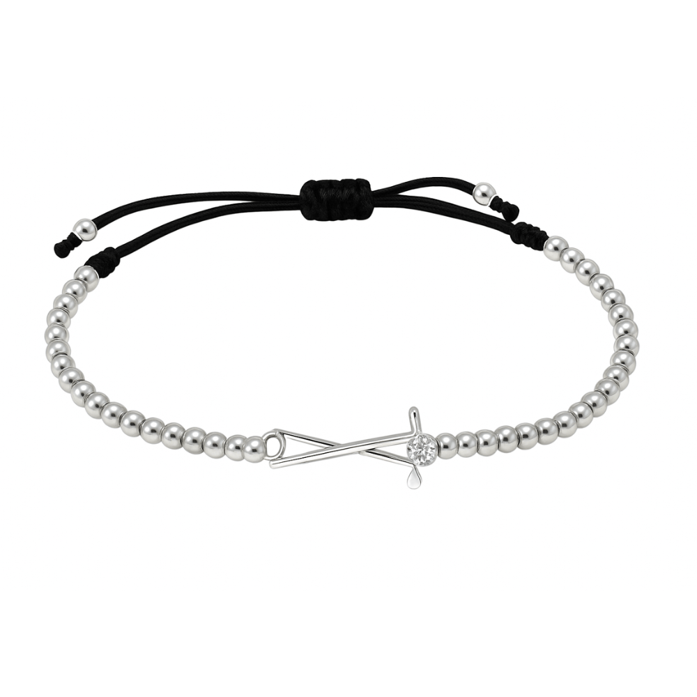 Silver golf bracelet with beaded design and rhinestone golf club charm on black adjustable cord