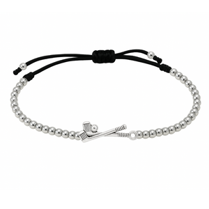 Silver beaded golf bracelet with crossed club and ball charm on adjustable black cord