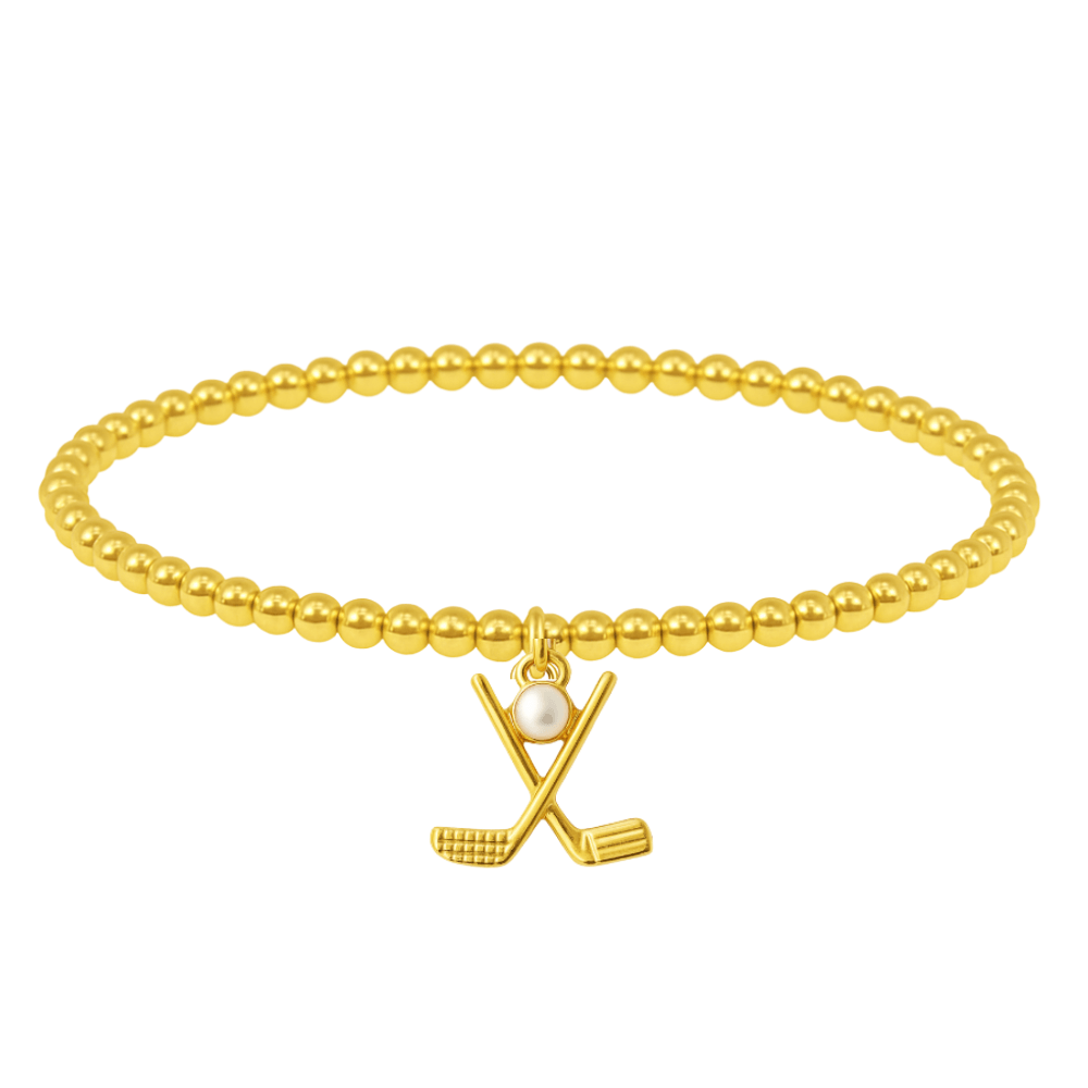 Women’s beaded gold bracelet featuring a small charm of crossed golf clubs