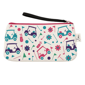 Stylish golf wristlet featuring colorful golf carts and patterns, ideal for on-the-go golf accessories and gifts.