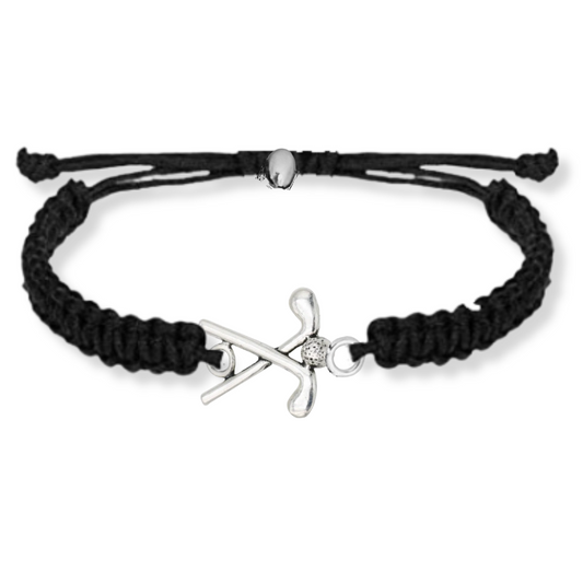 Unisex black cord bracelet with silver golf club and ball centerpiece
