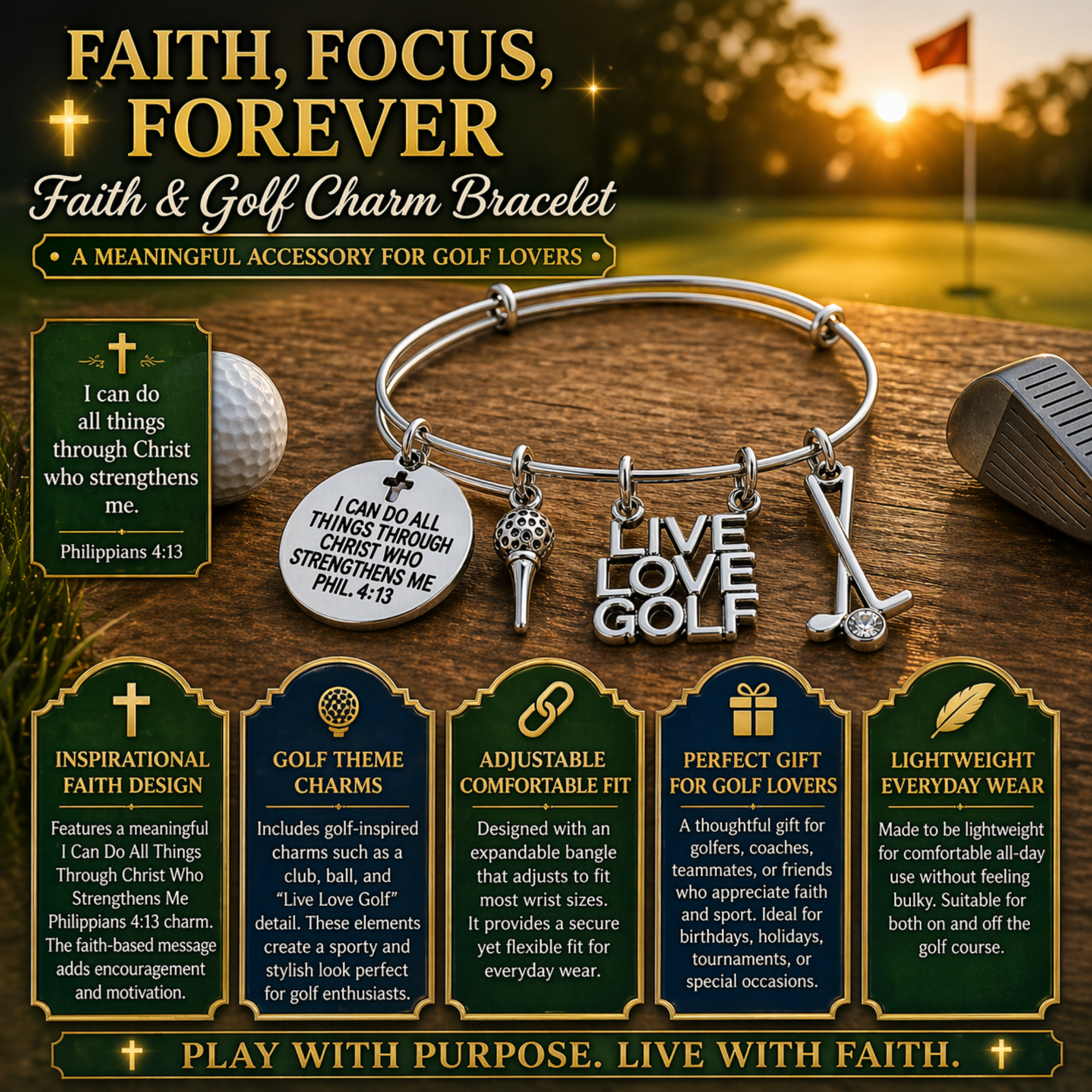 Golf Bracelet -  I Can Do All Things Through Christ Who Strengthens Me