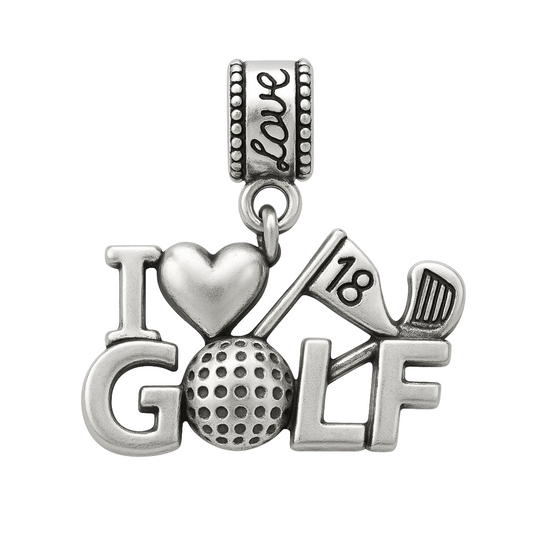 “I ❤️ GOLF” stainless steel charm bead with golf ball and club design for Pandora-style bracelets