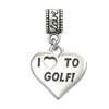 Heart-shaped “I ❤️ TO GOLF!” charm with polished finish and engraved bead bail