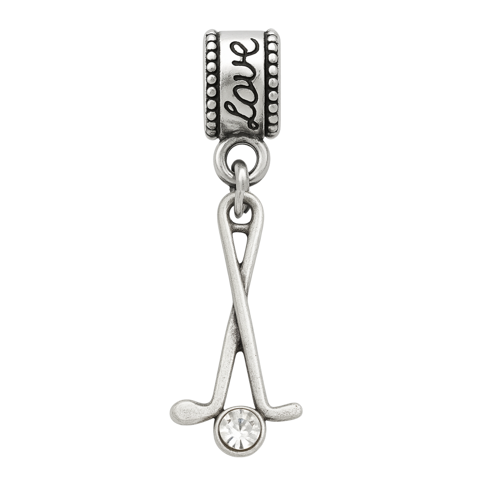  Lifestyle image of “I ❤️ GOLF” charm worn on a black bracelet, perfect for golf fans on the go