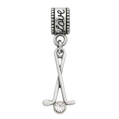  Lifestyle image of “I ❤️ GOLF” charm worn on a black bracelet, perfect for golf fans on the go