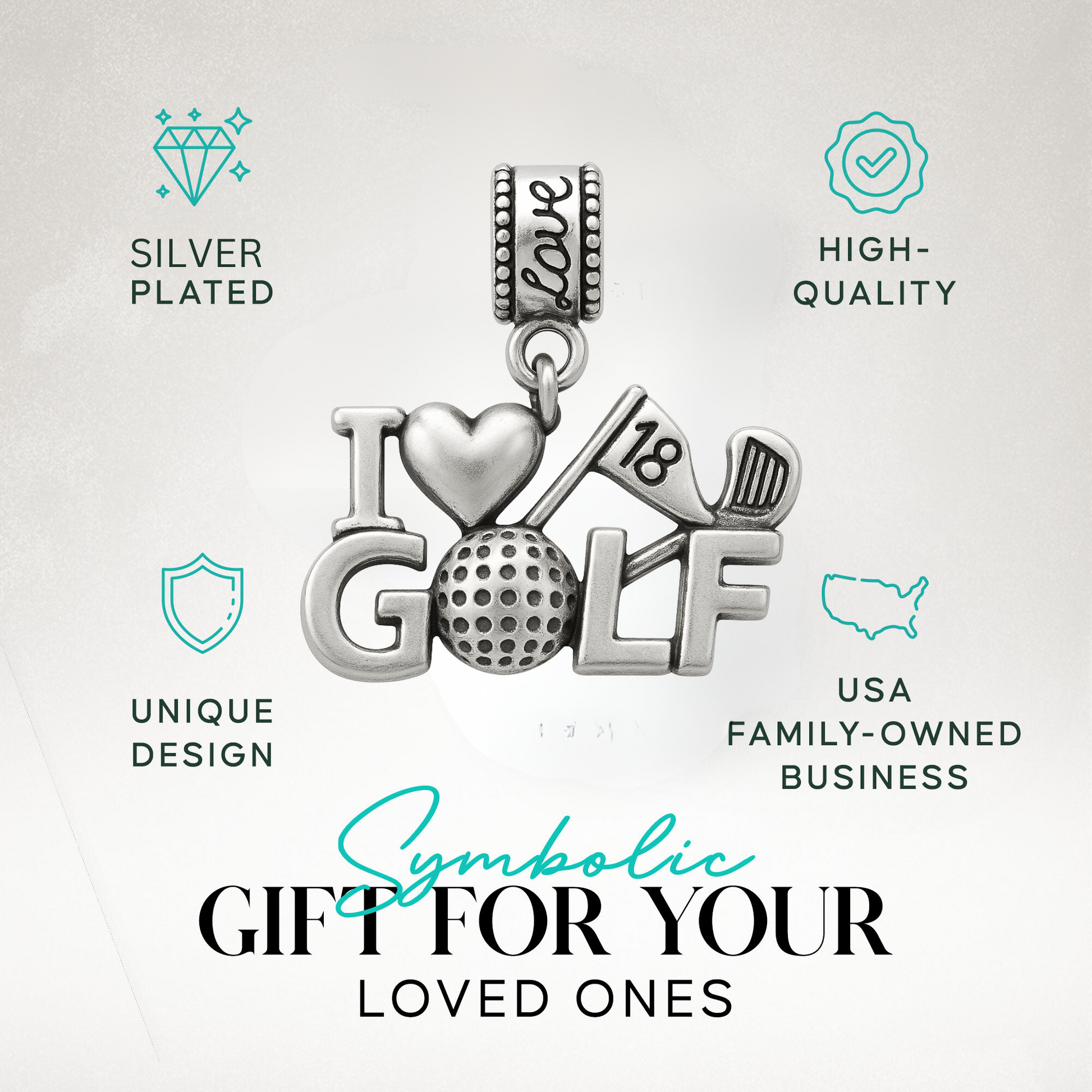 Golf charm bead attached to a pink bracelet, showing compatibility with Pandora and similar styles