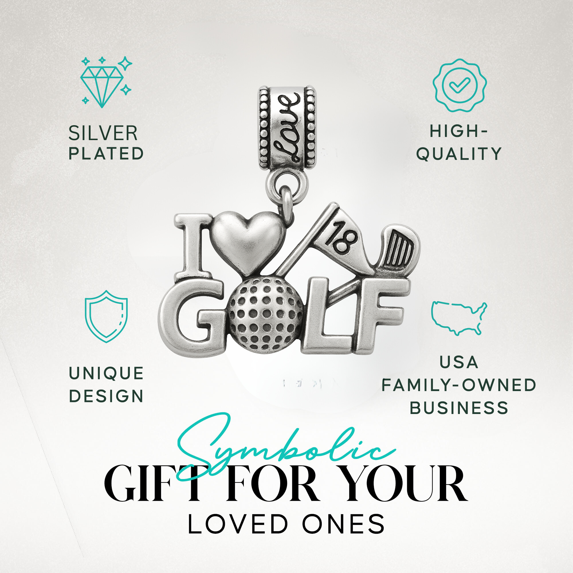 Golf charm bead attached to a pink bracelet, showing compatibility with Pandora and similar styles
