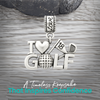 Crossed golf clubs charm bead with clean stainless steel finish and engraved bail