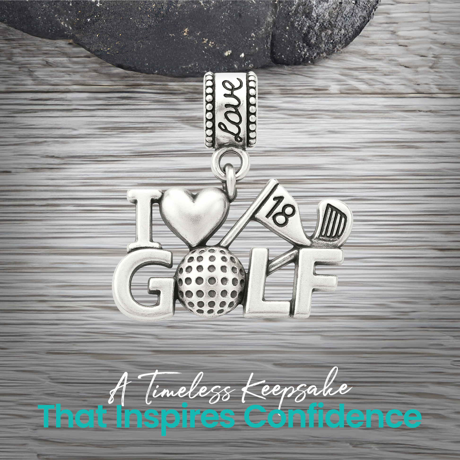 Crossed golf clubs charm bead with clean stainless steel finish and engraved bail