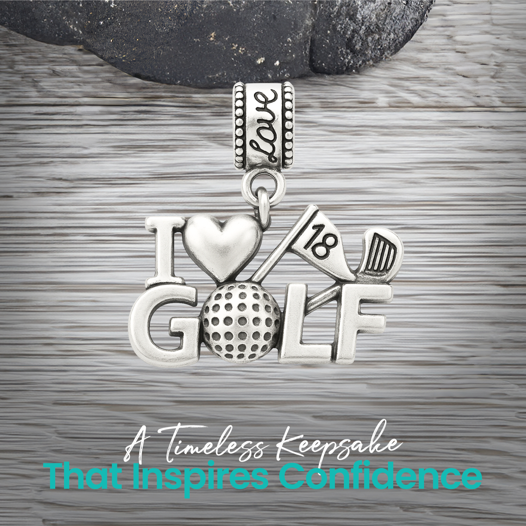 Crossed golf clubs charm bead with clean stainless steel finish and engraved bail