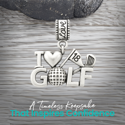 Crossed golf clubs charm bead with clean stainless steel finish and engraved bail