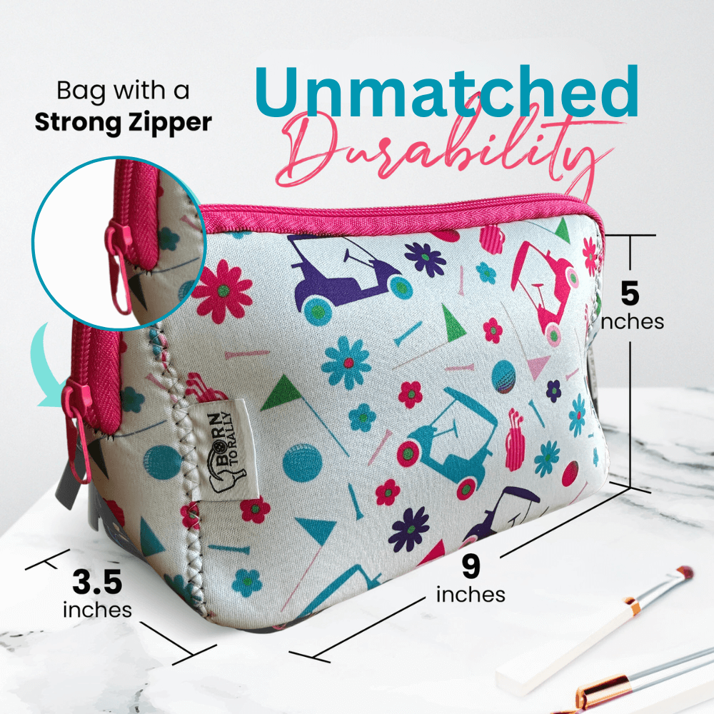 Stylish pink golf cosmetic bag with strong zipper, featuring colorful golf-themed designs, 9x5x3.5 inches, perfect golf gift.