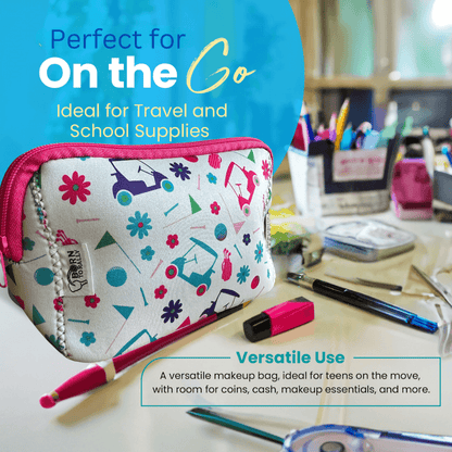 Colorful cosmetic bag for travel and school supplies, ideal for makeup, coins, and essentials on the go.