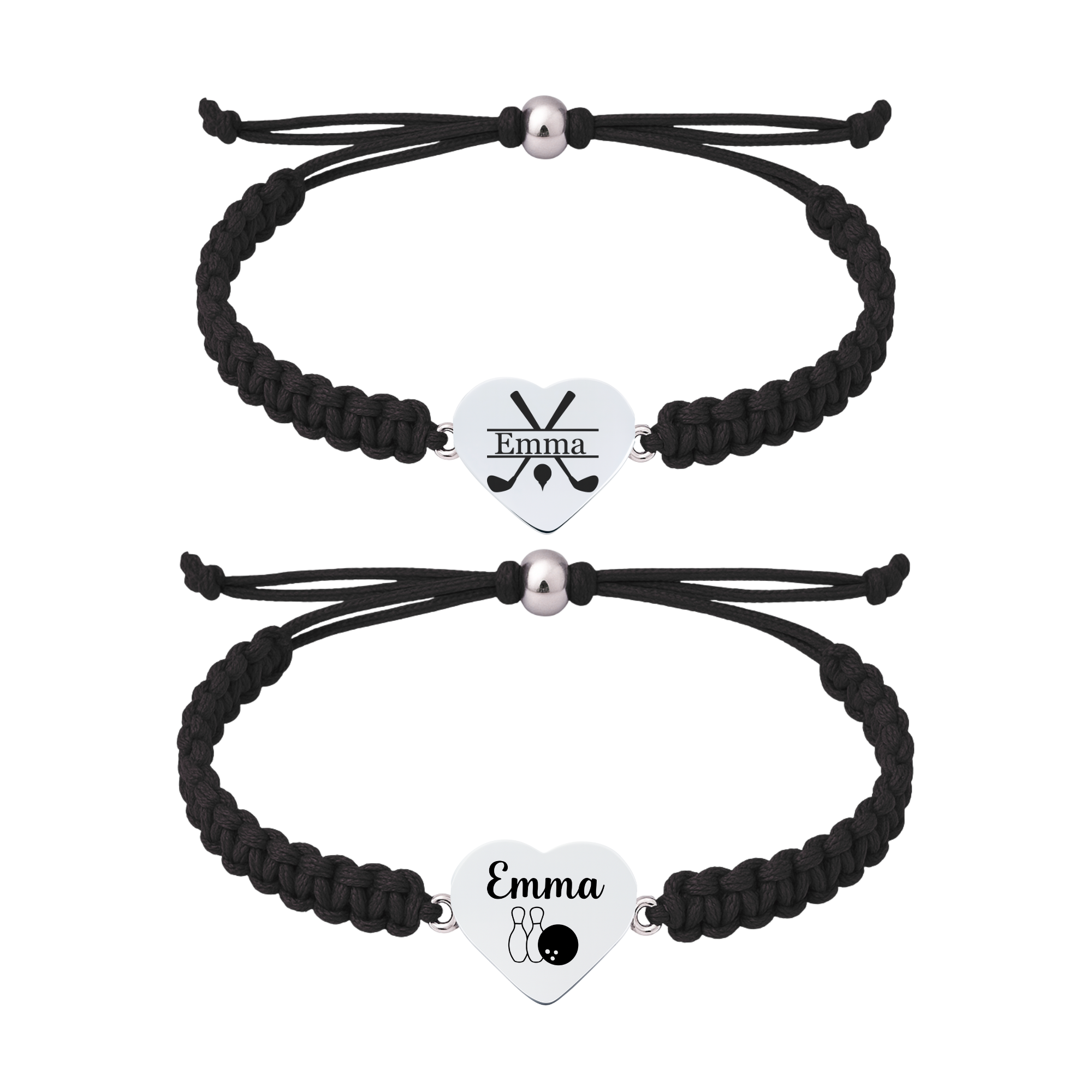 Black rope golf bracelet with plain golf-themed heart charm two variations