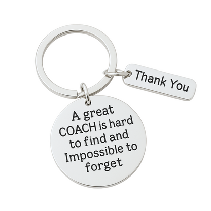 Silver plated coach keychain with Thank You charm and engraved A Great Coach Is Hard to Find But Impossible to Forget pendant