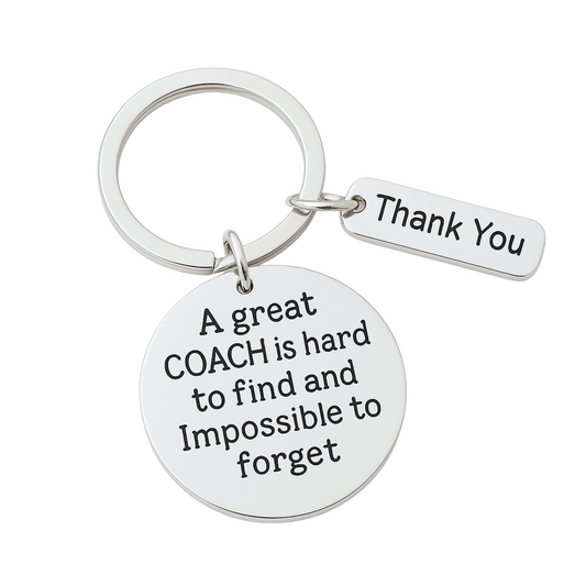 Silver plated coach keychain with Thank You charm and engraved A Great Coach Is Hard to Find But Impossible to Forget pendant