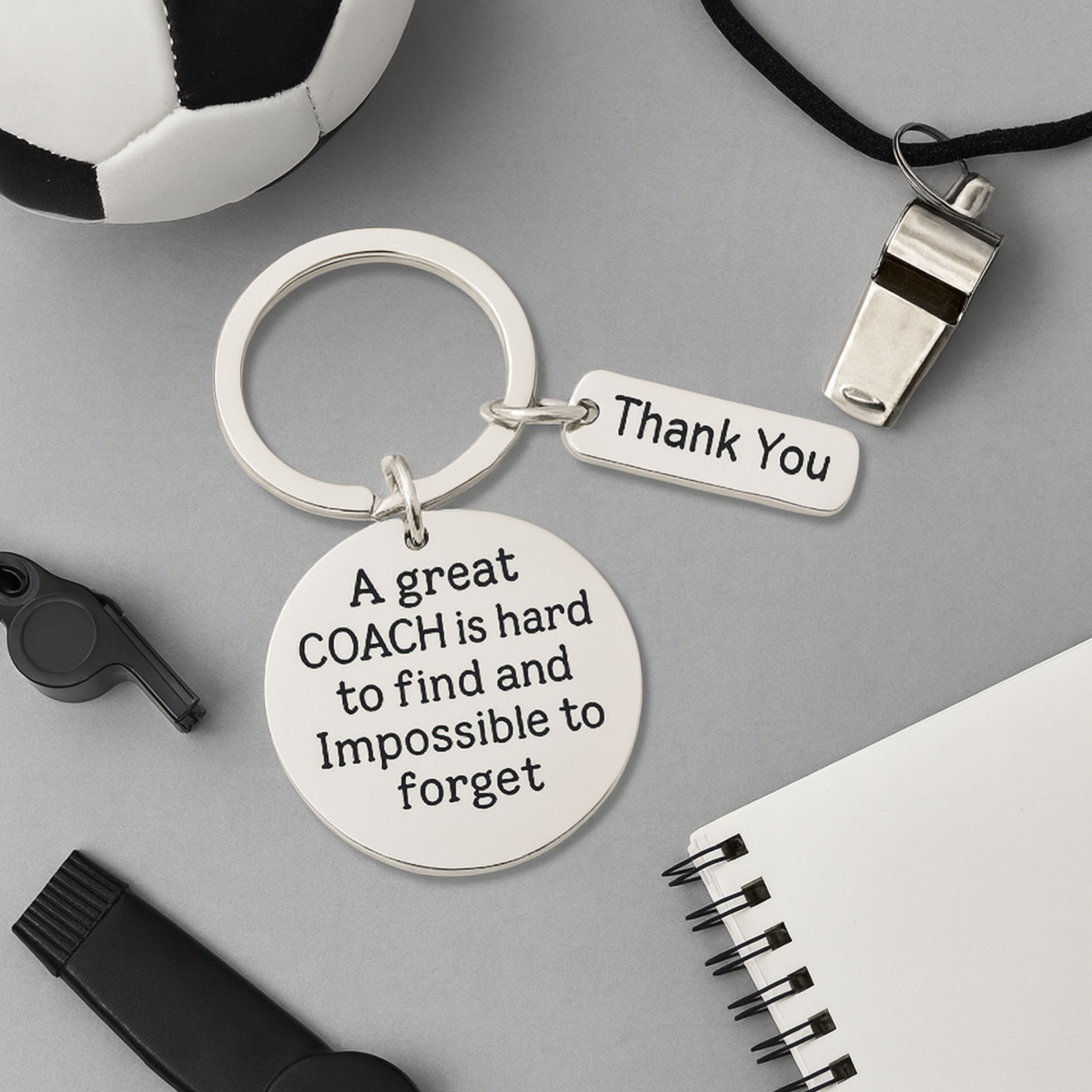 Coach appreciation keychain with engraved quote displayed alongside various sports equipment