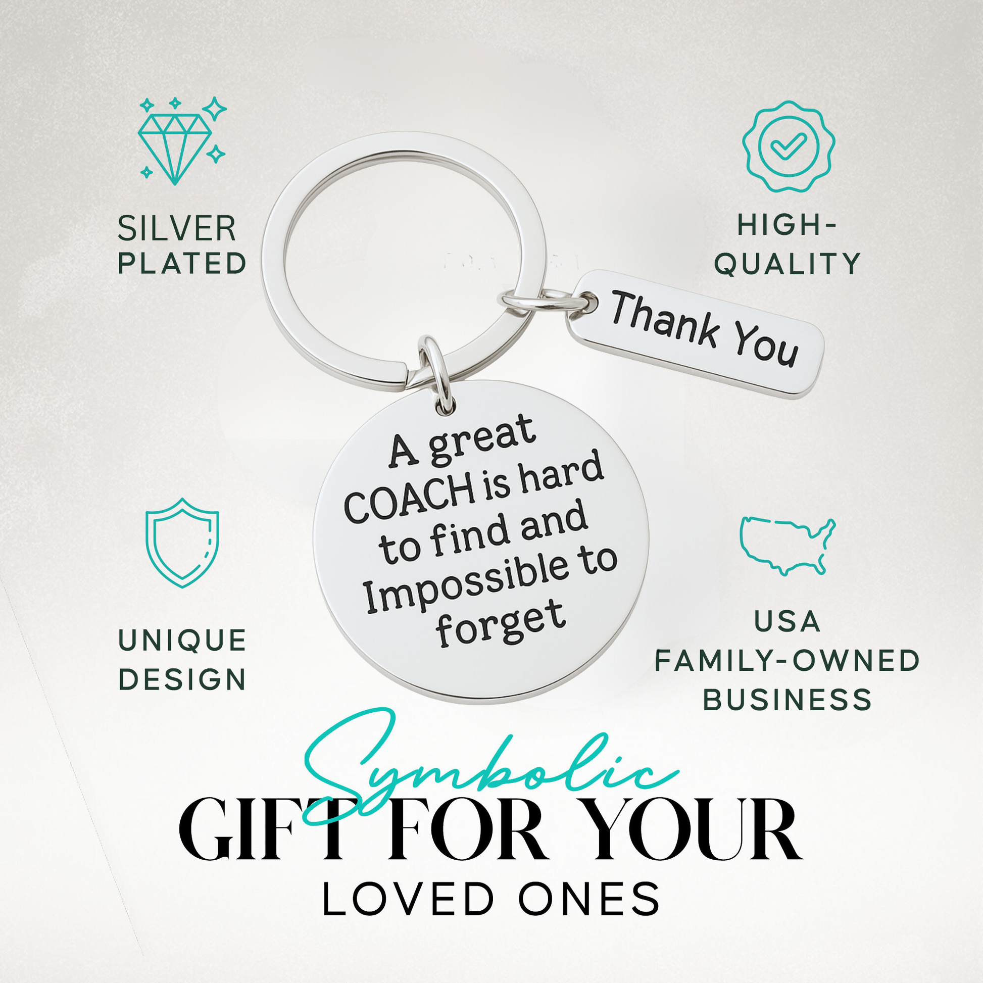 Coach keychain with Thank You charm and engraved quote shown with gift idea text
