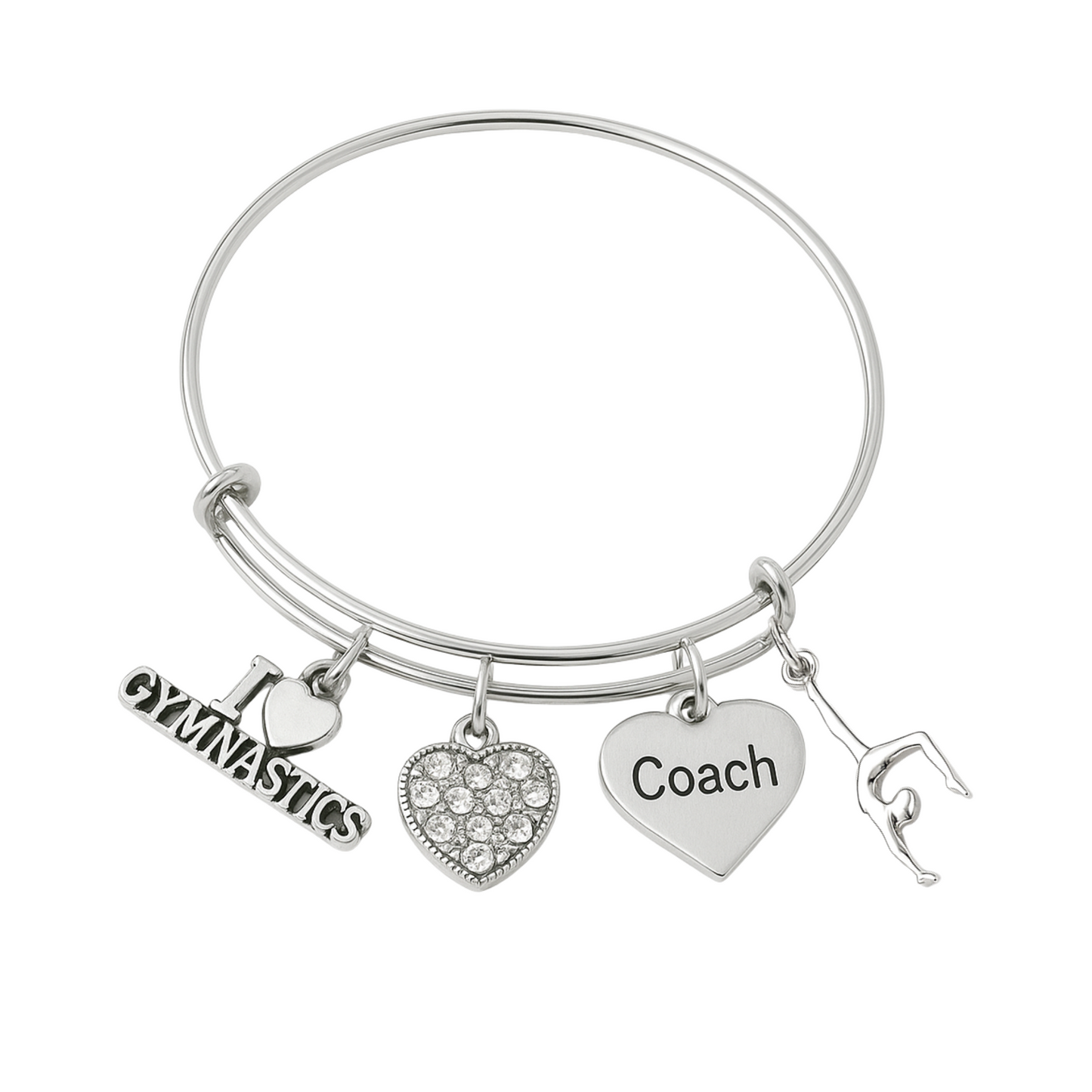 Silver gymnastics coach bangle bracelet with gymnast charm, heart charm, and engraved Coach pendant"