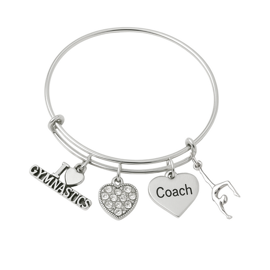Silver gymnastics coach bangle bracelet with gymnast charm, heart charm, and engraved Coach pendant"