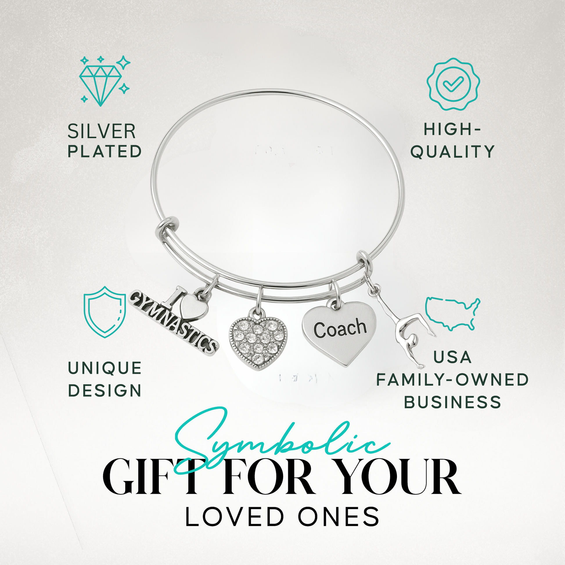 Gymnastics coach expandable silver bangle bracelet in presentation gift card