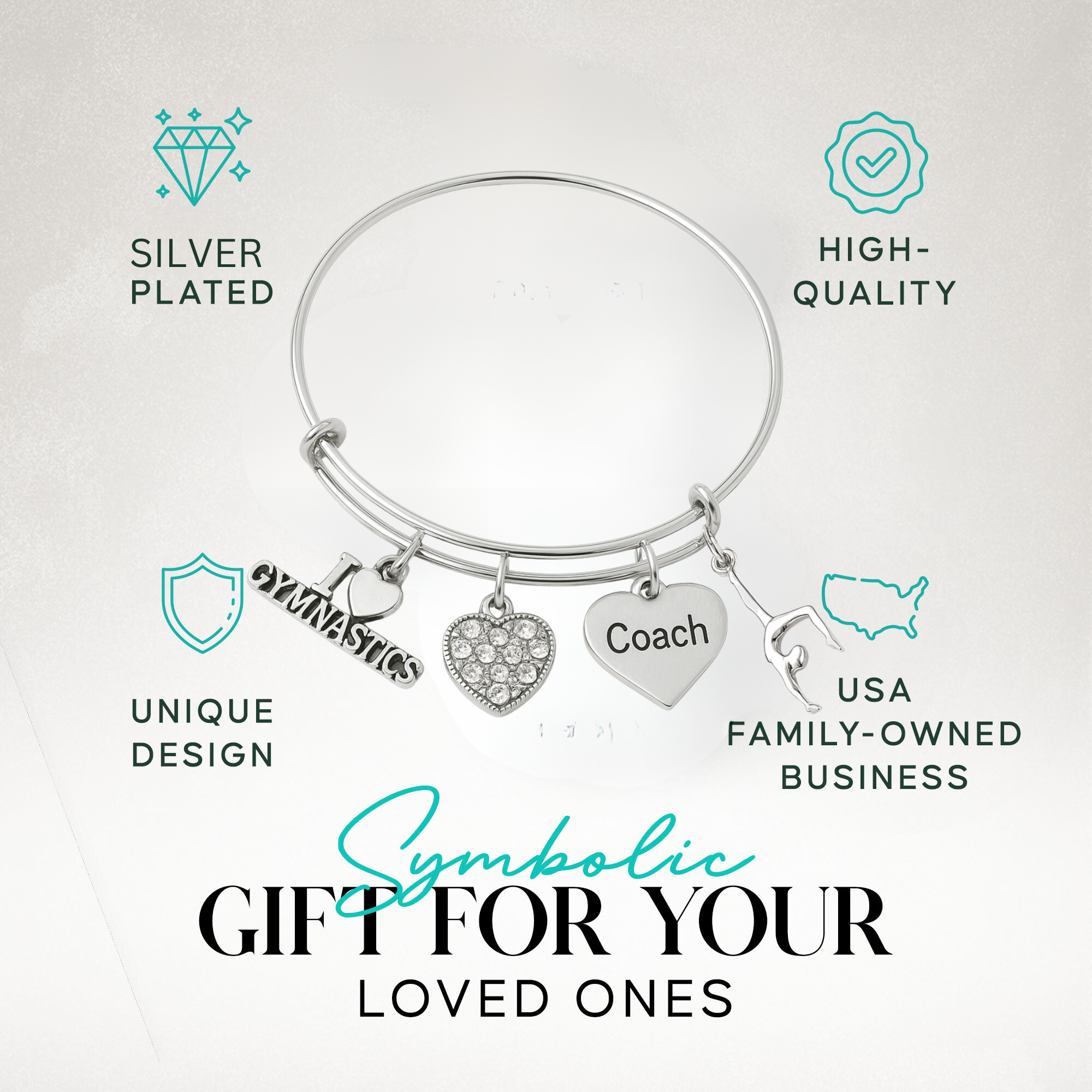 Gymnastics coach expandable silver bangle bracelet in presentation gift card