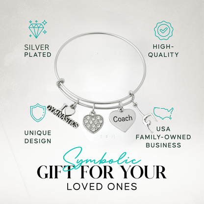 Gymnastics coach expandable silver bangle bracelet in presentation gift card