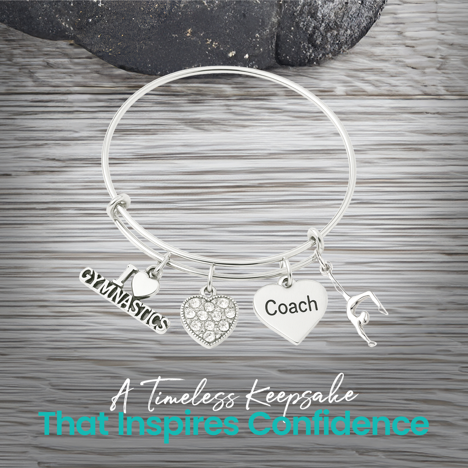 Silver gymnastics coach charm bracelet with heart pendant and gymnast charm