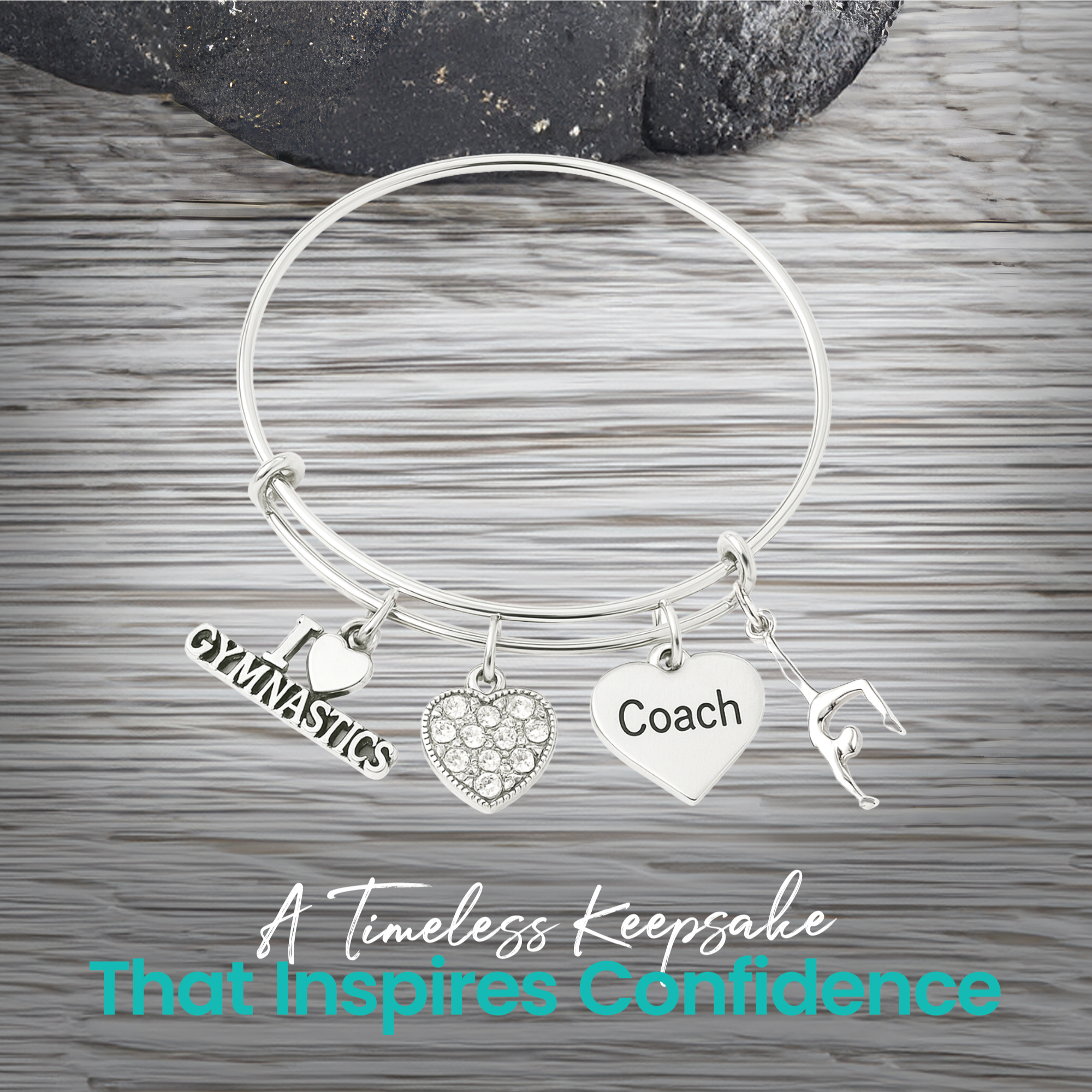 Silver gymnastics coach charm bracelet with heart pendant and gymnast charm
