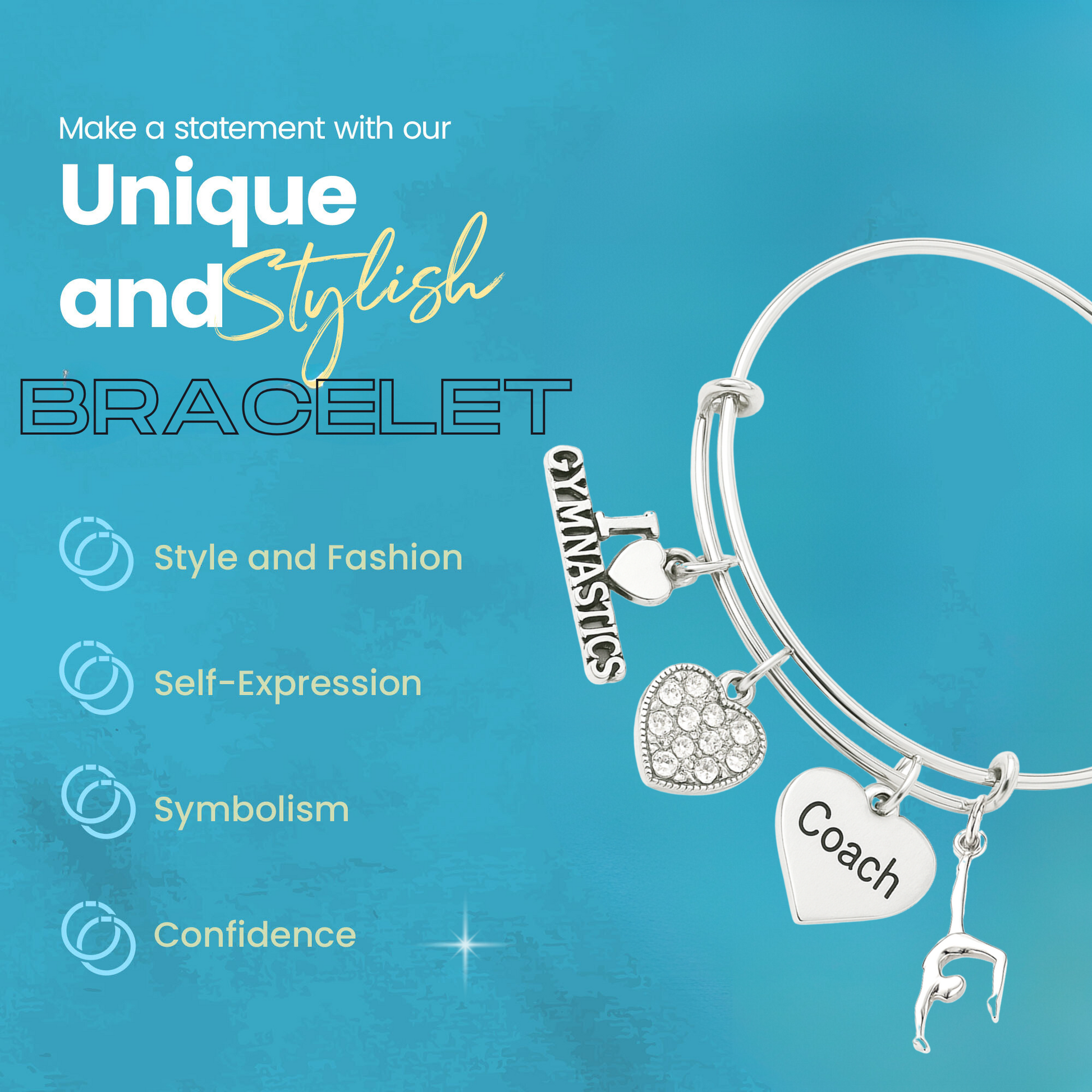 Expandable gymnastics coach bangle bracelet with silver charms and product details
