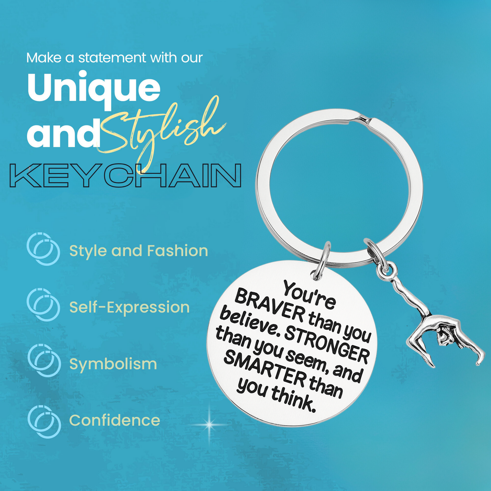 Empowering quote keychain for gymnasts with silver-plated finish and symbolic gymnast charm, great team or competition gift